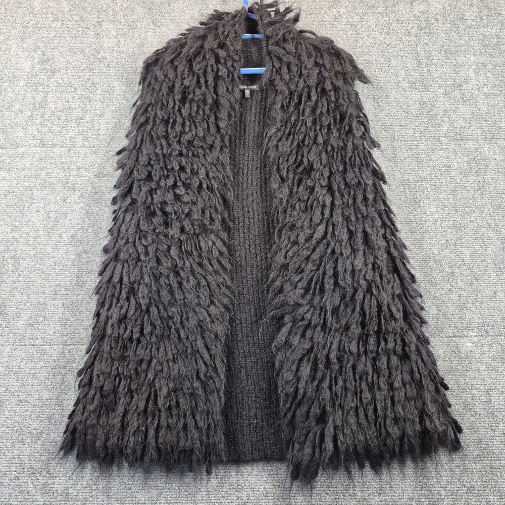 Eileen Fisher Mohair Wool Blend Shaggy Fringe Open Front Vest Charcoal Gray S
